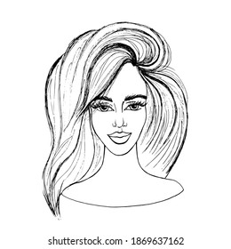 Avatar of a beautiful girl, young pretty girl with lush hair, blue-eyed beauty, portrait of a woman in the style of hand draw, vector illustration in doodle style.
