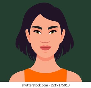 Avatar Of Beautiful Woman, Close Up Portrait Of Pretty Young Woman With Bob Hair Cut On Green Background, Vector Avatar In Flat Style. 