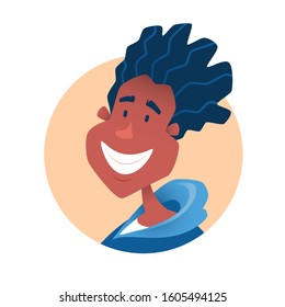 Avatar with a black boy. Vector illustration of a happy teenager.