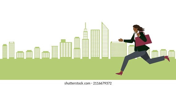 Avatar of a black female office worker who runs in a hurry. Infographics. Building, city background