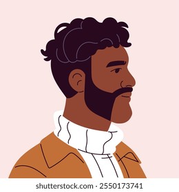 Avatar do homem negro com vista lateral da barba. Perfil da pessoa com corte de cabelo moderno e bigodes no rosto. Retrato de forma quadrada da cabeça masculina com queimaduras laterais, bigode. Ilustração de vetor isolado plano