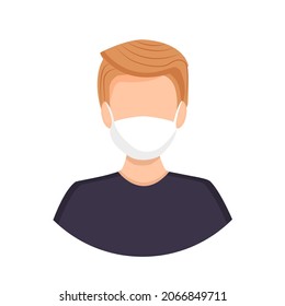 Avatar of a blond man wearing a mask to protect against coronavirus, flu, air pollution, viruses and disease. Portrait of a young guy. Vector illustration of a face