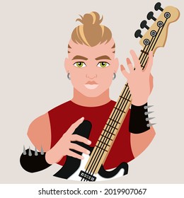 Avatar of a blond young guy with a bass guitar in his hand with studded wristbands. Bassist. Rock music. Flat vector illustration.