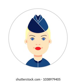 Avatar blonde flight attendants in blue uniform. Professional icon - stewardess. Flat design.