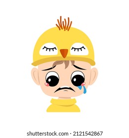 Avatar of boy with big eyes and crying and tears emotion, sad face, depressive eyes in chicken hat. Child with melancholy expression for Easter, New Year or costume for party. Vector flat illustration