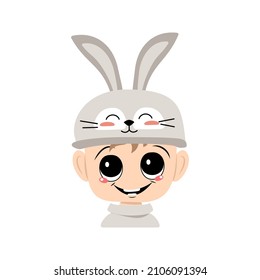 Avatar of boy with big eyes and wide happy smile in cute rabbit hat with long ears. Head of child with joyful face for holiday Easter, New Year or carnival costume for party. Vector flat illustration
