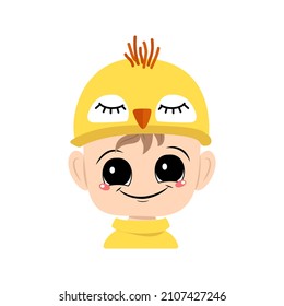 Avatar of boy with big eyes and wide happy smile in cute yellow chicken hat. Head of child with joyful face for holiday Easter, New Year or costume for party. Vector flat illustration