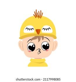Avatar of boy with big heart eyes and kiss lips in cute yellow chicken hat. Head of child with joyful face for holiday Easter, New Year or costume for party. Vector flat illustration