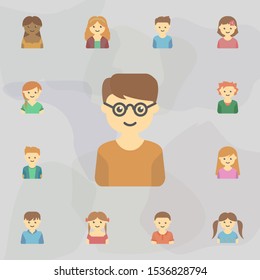 avatar of boy with glasses colored icon. Universal set of kids avatars for website design and development, app development