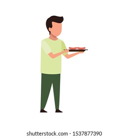 avatar boy holding a tray with sausages over white background, vector illustration