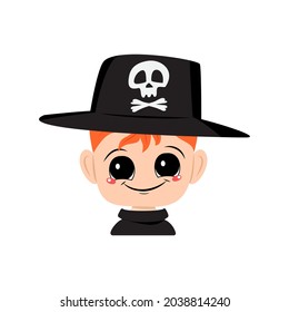 Avatar of a boy with red hair, big eyes and a wide happy smile wearing a hat with a skull. The head of a child with a joyful face. Halloween party decoration