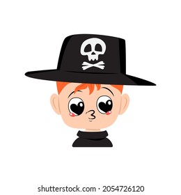 Avatar of boy with red hair, big heart eyes and kiss lips in hat with skull. Cute kid with loving face in carnival costume. Halloween party decoration. Head of adorable child