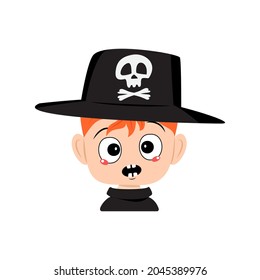 Avatar of boy with red hair and emotions panic, surprised face, shocked eyes in hat with skull. The head of a toddler. Halloween party decoration