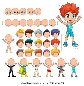 Avatar boy, vector illustration, isolated objects.  All the elements adapt perfectly each others. Larger character on the right is just an example. 5 eyes, 7 mouths, 15 hair and 7 clothes. Enjoy!!