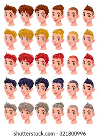 Avatar boys, vector isolated items. 6 hairstyles in 5 colors, 6 different mouths and 5 eye colors, in the vector file you can easily mix all these items.