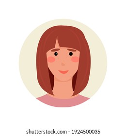 avatar brown-haired girl with kare hairstyle. Unique badge for forums, emails, chatbots, support. Vector illustration.