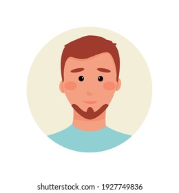 avatar of a brown-haired man in a blue t-shirt with a beard. Design element for forums, chat bots, support, social networks. Vector illustration.