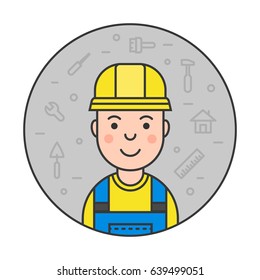 Avatar of builder. Vector outline illustration of a smiling repairman and repair icons on round background. Avatar of workman in color filled outline style for web and mobile design.