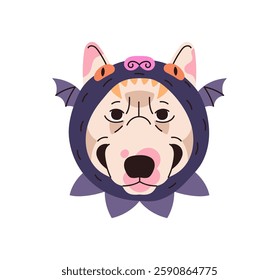 Avatar of Bull terrier in cute Halloween costume. Portrait of happy dog in funny hat. Muzzle of puppy in carnival suit. Joyful doggy in comic headdress. Flat isolated vector illustration on white