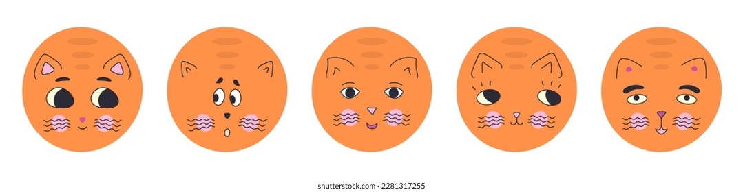 Avatar bundle, black eyes cats. Face emotions, diverse feelings, cute kitten. Flat vector illustration
