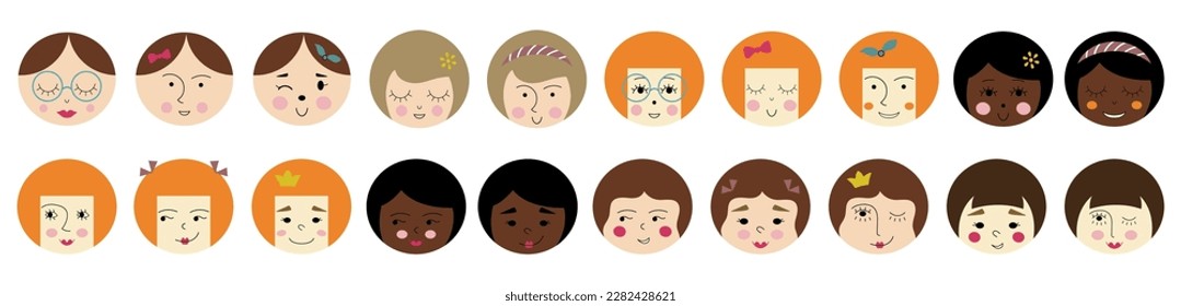 Avatar bundle, handsome girlish faces. Various characters, diverse stickers, female guise. Editable flat illustration
