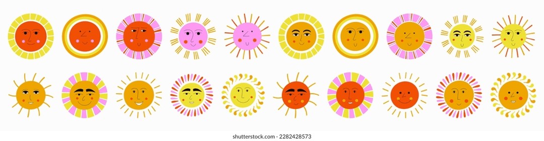 Avatar bundle, laughs suns. Various characters, diverse stickers, smiley face. Editable flat illustration
