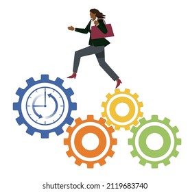 Avatar, business image, labor productivity, white background of a black female businessman running on a cog with a clock