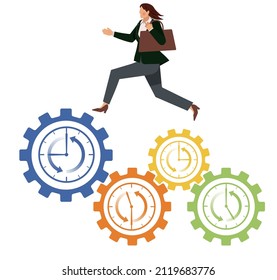 Avatar, business image, labor productivity, white background of a female businessman of yellow race running on a cog with a clock