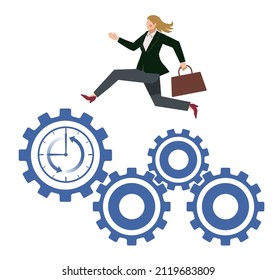 Avatar, business image, labor productivity, white background of a white female businessman running on a cog with a clock