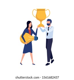 avatar business man holding a trophy and woman holding a light bulb over white background, vector illustration