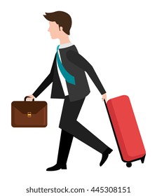 avatar business man with suit and tie holding red travel bag and brown suitcase side view over isolated background, vector illustration 