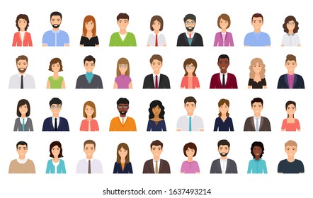 Avatar business people. Person icon. Vector. Set office men, women. Faces corporate characters in flat design. Cartoon illustration. Team male, female workers isolated. Collection portrait businessmen