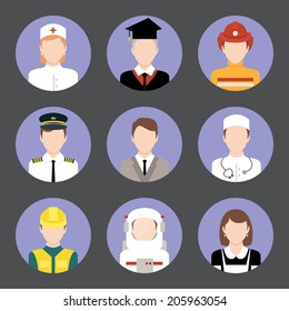 Avatar business users flat icons set of graduate student engineer astronaut isolated vector illustration