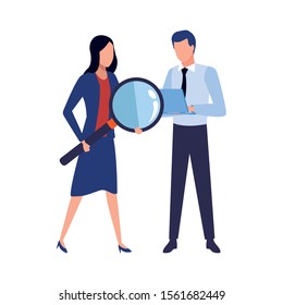 avatar businessman and businesswoman holding a big magnifying glass over white background, vector illustration