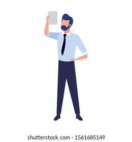avatar businessman with document page over white background, vector illustration