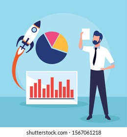 avatar businessman with rocket and graphic pie chart over blue background, colorful design , vector illustration