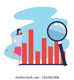 avatar businesswoman with graphic chart and magnifying glass over blue and white background, colorful design , vector illustration