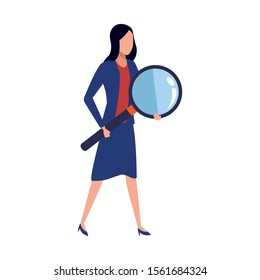 avatar businesswoman holding a big magnifying glass over white background, vector illustration