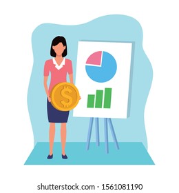 avatar businesswoman holding a money coin and board with graphic charts over blue and white background, colorful design , vector illustration