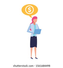 avatar businesswoman with laptop computer over white background, vector illustration