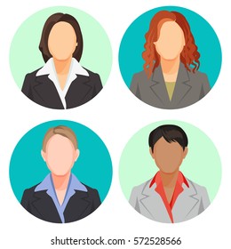 Avatar Businesswoman Portraits In Four Circles. Vector User Pics Of Women Of European And African Nationalities Wearing Light And Dark Suits With Shirts, With Loose And Plait Hair