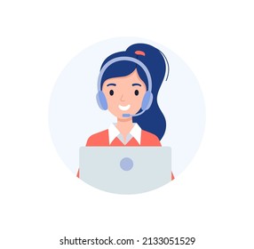 Avatar of the call center operator. Girl with headphones and a laptop.