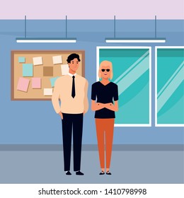 Avatar cartoon couple characters. Man wearing tie and blond woman with sunglasses indoors in office background.  Vector illustration graphic design