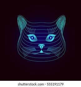 Avatar of cat face in blue colors, Vector unusual geometric illustration with space cat on dark background