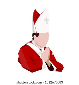 Avatar of the Catholic Bishop in festive clothes. White and red. He folded his hands in front of him and prayed. Vector.