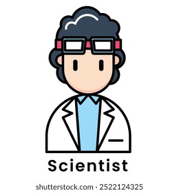 estilo de design de desenho animado do cientista de personagens de avatar, contorno de traçado vetorial editável.