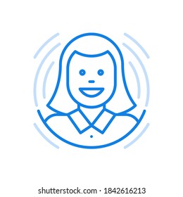 
Icono de línea vectorial de carácter avatar. Imagen de usuaria de redes sociales, perfil personal, signo de diseño gráfico abstracto. Diseñar una imagen femenina creativa con pelo largo y formas lineales.