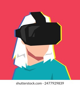 Avatar character of woman using virtual reality headset. Technology, gaming, learning concept. Isolated background. Flat vector illustration.