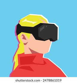 Avatar character of woman using virtual reality headset. Technology, gaming, learning concept. Isolated background. Flat vector illustration.