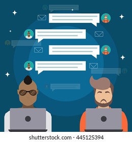 Avatar characters poster hipsters communicate with each other via correspondence through social networks on laptops vector illustration